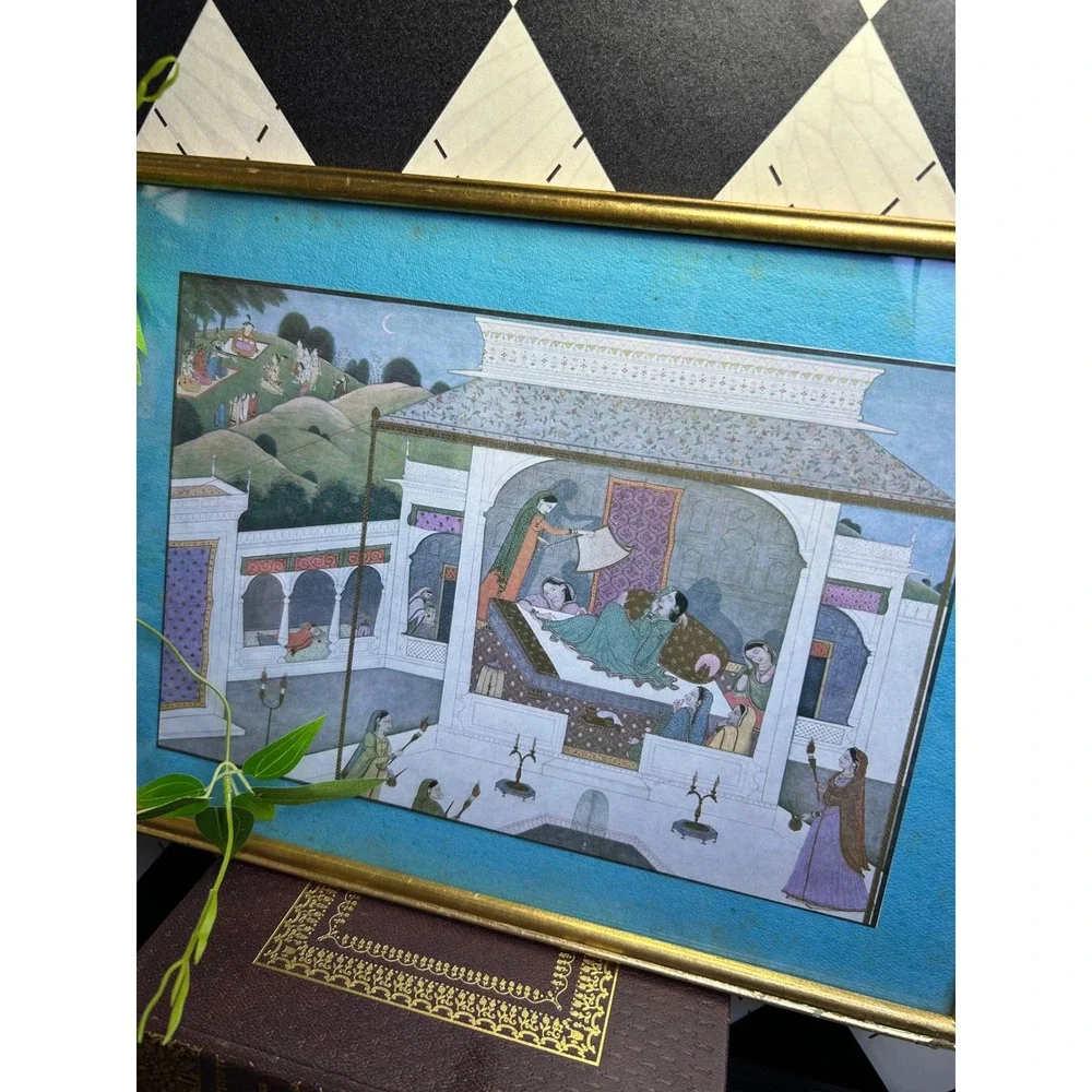 Vintage Framed Indian Pahari Mahabharata Print Palace Scene Wall‎ Art